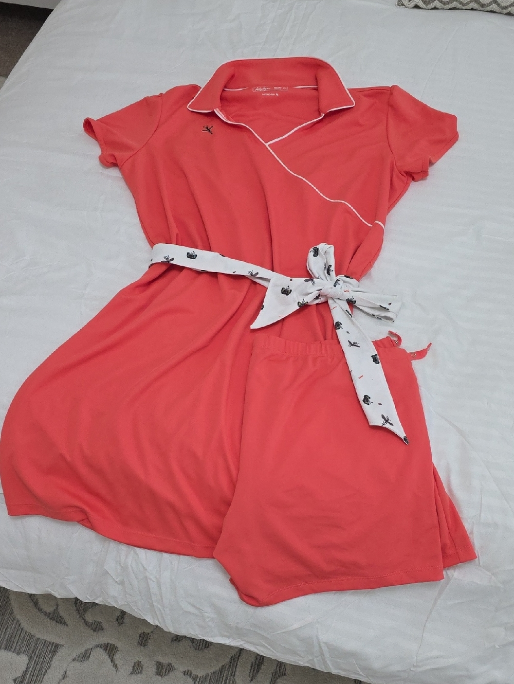 Lady Hagen Coral Polo Dress with Shorts! White Piping And Belt.